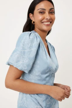 Petite Jacquard Floral Puff Sleeve Wrap Midi Dress
