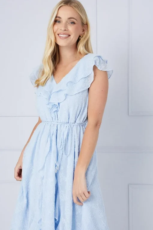Petite Jacquard Ruffle Detail Tie Midi Dress