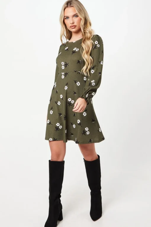 Petite Khaki Floral V Neck Mini Dress