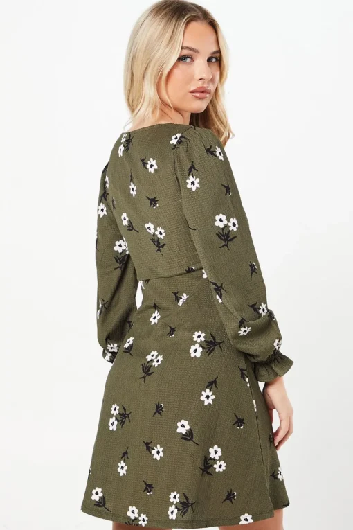 Petite Khaki Floral V Neck Mini Dress