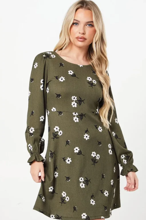 Petite Khaki Floral V Neck Mini Dress