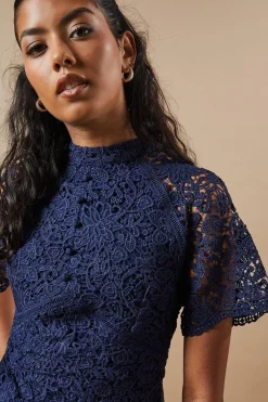 Petite Lace High Neck Button Mini Dress