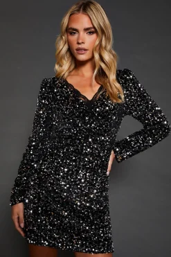 Petite Lace Trim Sequin Mini Dress