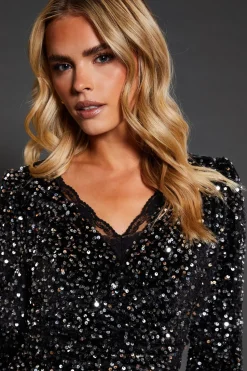 Petite Lace Trim Sequin Mini Dress