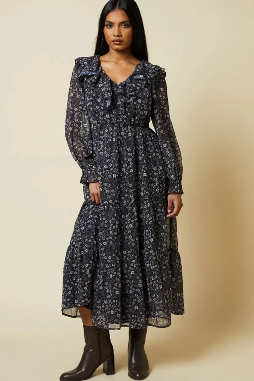 Petite Large Floral Chiffon Ruffle Midaxi Dress