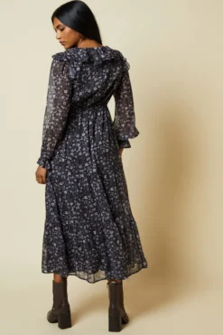 Petite Large Floral Chiffon Ruffle Midaxi Dress