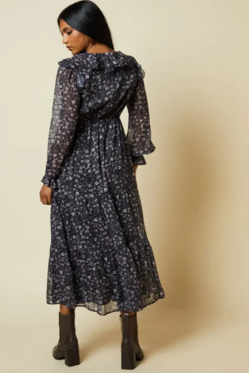 Petite Large Floral Chiffon Ruffle Midaxi Dress
