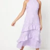 Petite Lilac Satin Jacquard Halterneck Midi Dress