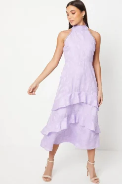 Petite Lilac Satin Jacquard Halterneck Midi Dress