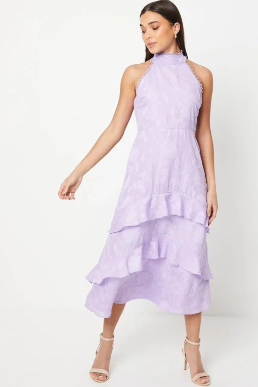 Petite Lilac Satin Jacquard Halterneck Midi Dress