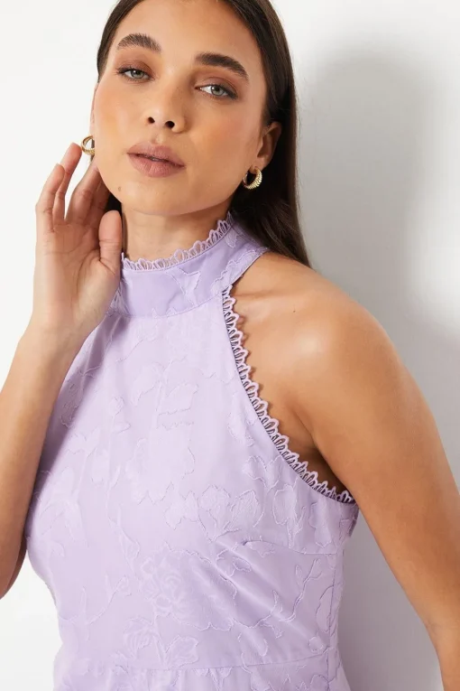 Petite Lilac Satin Jacquard Halterneck Midi Dress