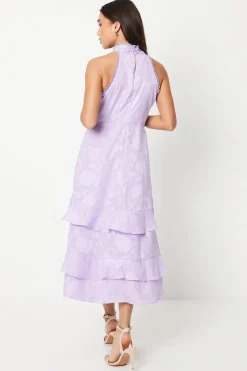 Petite Lilac Satin Jacquard Halterneck Midi Dress