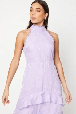 Petite Lilac Satin Jacquard Halterneck Midi Dress