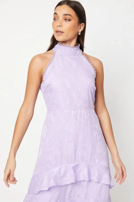 Petite Lilac Satin Jacquard Halterneck Midi Dress
