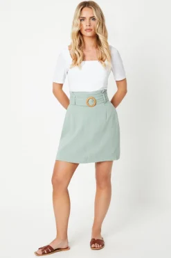 Petite Linen Tortoise Shell Belted Mini Skirt