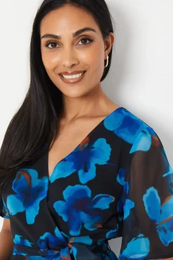 Petite Navy Floral Print Wrap Midi Dress