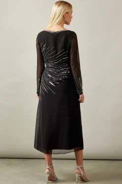 Petite Occasion Embellished Sequin Long Sleeve Midi Dress