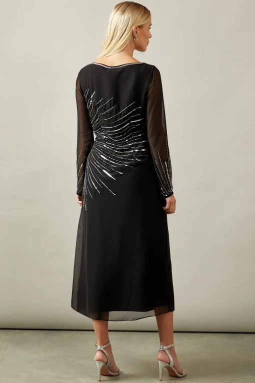 Petite Occasion Embellished Sequin Long Sleeve Midi Dress