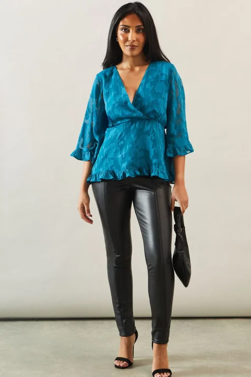Petite Occasion Jacquard Ruffle Wrap Blouse