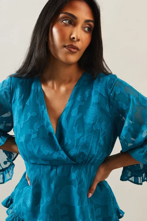 Petite Occasion Jacquard Ruffle Wrap Blouse