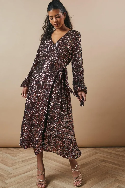 Petite Occasion Sequin Wrap Midi Dress