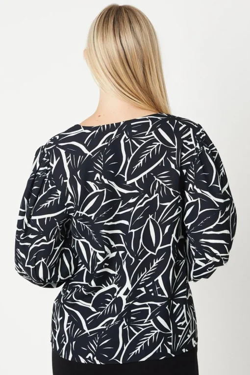 Petite Palm Print Button Through Blouse