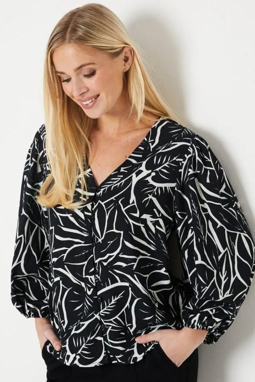 Petite Palm Print Button Through Blouse