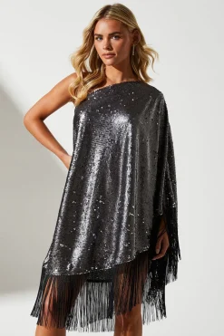 Petite Party Sequin One Shoulder Mini Dress With Fringe