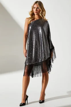 Petite Party Sequin One Shoulder Mini Dress With Fringe