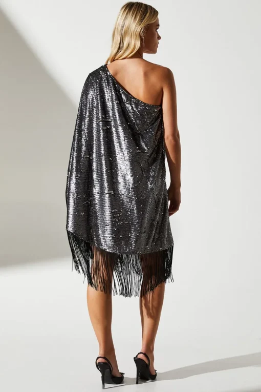 Petite Party Sequin One Shoulder Mini Dress With Fringe