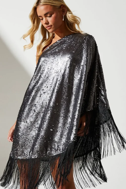 Petite Party Sequin One Shoulder Mini Dress With Fringe