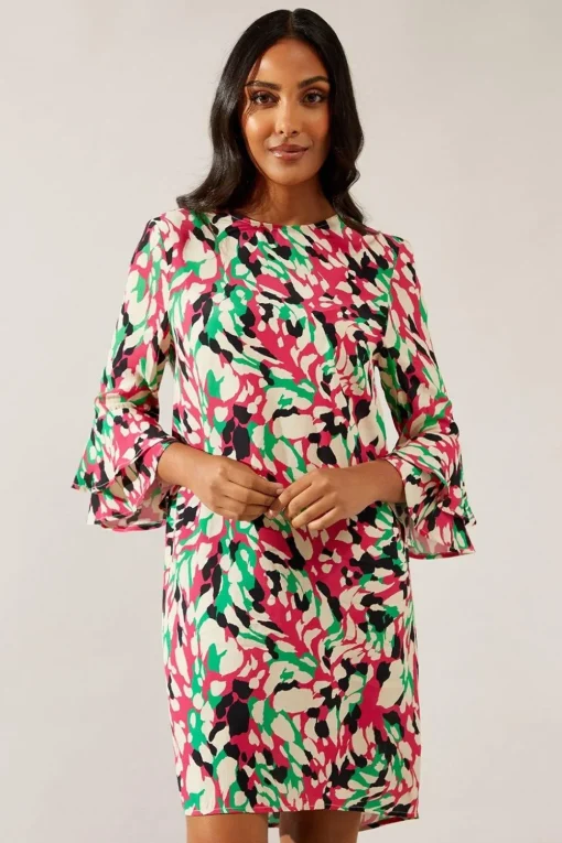 Petite Pink Abstract Flute Sleeve Shift Dress