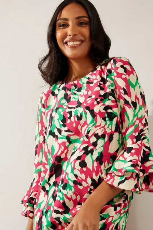 Petite Pink Abstract Flute Sleeve Shift Dress