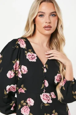 Petite Pink Floral Button Front Mini Dress
