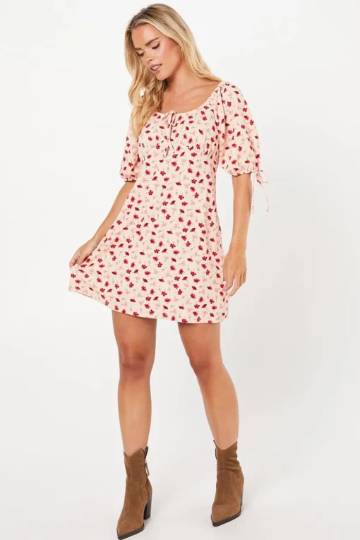 Petite Pink Floral Tie Front Mini Dress