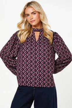 Petite Pink Geo Keyhole Blouse