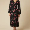 Petite Pink Large Floral Tie Front Ruffle Bust Long Sleeve Midi Dress