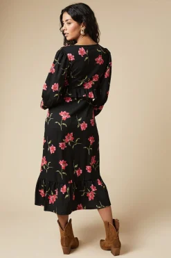 Petite Pink Large Floral Tie Front Ruffle Bust Long Sleeve Midi Dress