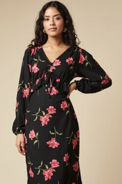 Petite Pink Large Floral Tie Front Ruffle Bust Long Sleeve Midi Dress