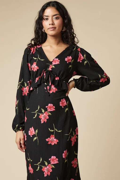 Petite Pink Large Floral Tie Front Ruffle Bust Long Sleeve Midi Dress