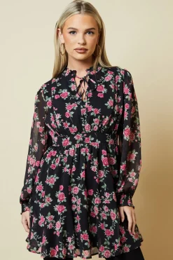 Petite Pink Rose Chiffon Lace Insert Long Sleeve Mini Dress