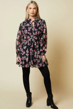 Petite Pink Rose Chiffon Lace Insert Long Sleeve Mini Dress
