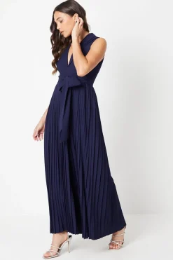 Petite Pleated Wide Leg Sleeveless Jumpsuit