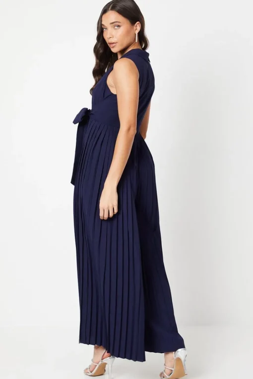 Petite Pleated Wide Leg Sleeveless Jumpsuit
