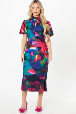Petite Printed Puff Sleeve Midi Dress