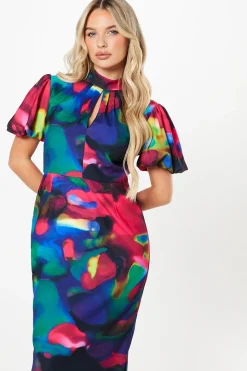 Petite Printed Puff Sleeve Midi Dress