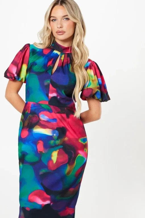 Petite Printed Puff Sleeve Midi Dress