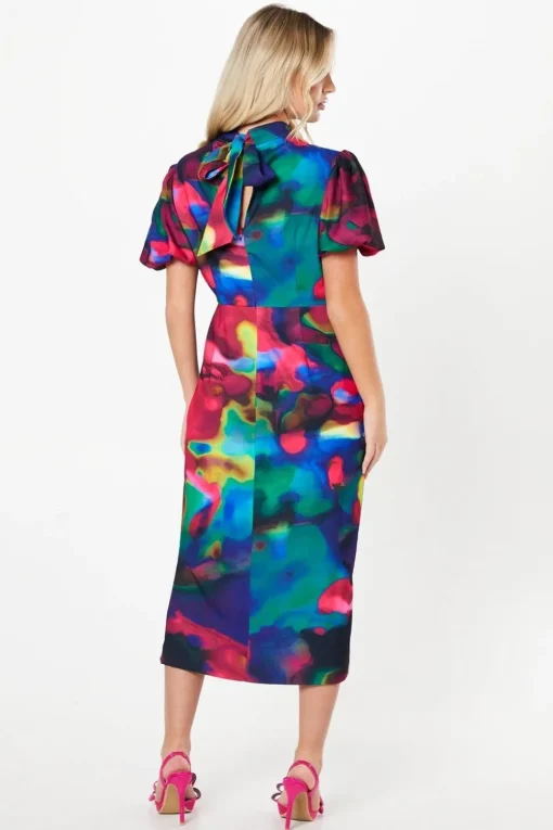Petite Printed Puff Sleeve Midi Dress