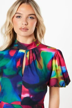 Petite Printed Puff Sleeve Midi Dress