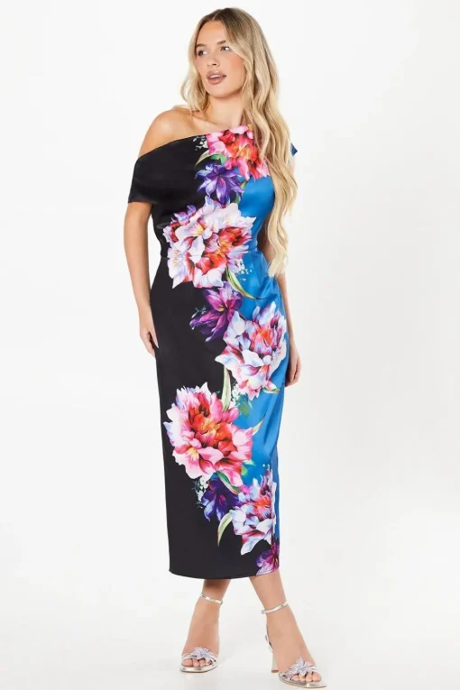 Petite Printed Satin Bardot Midi Wedding Guest Dress